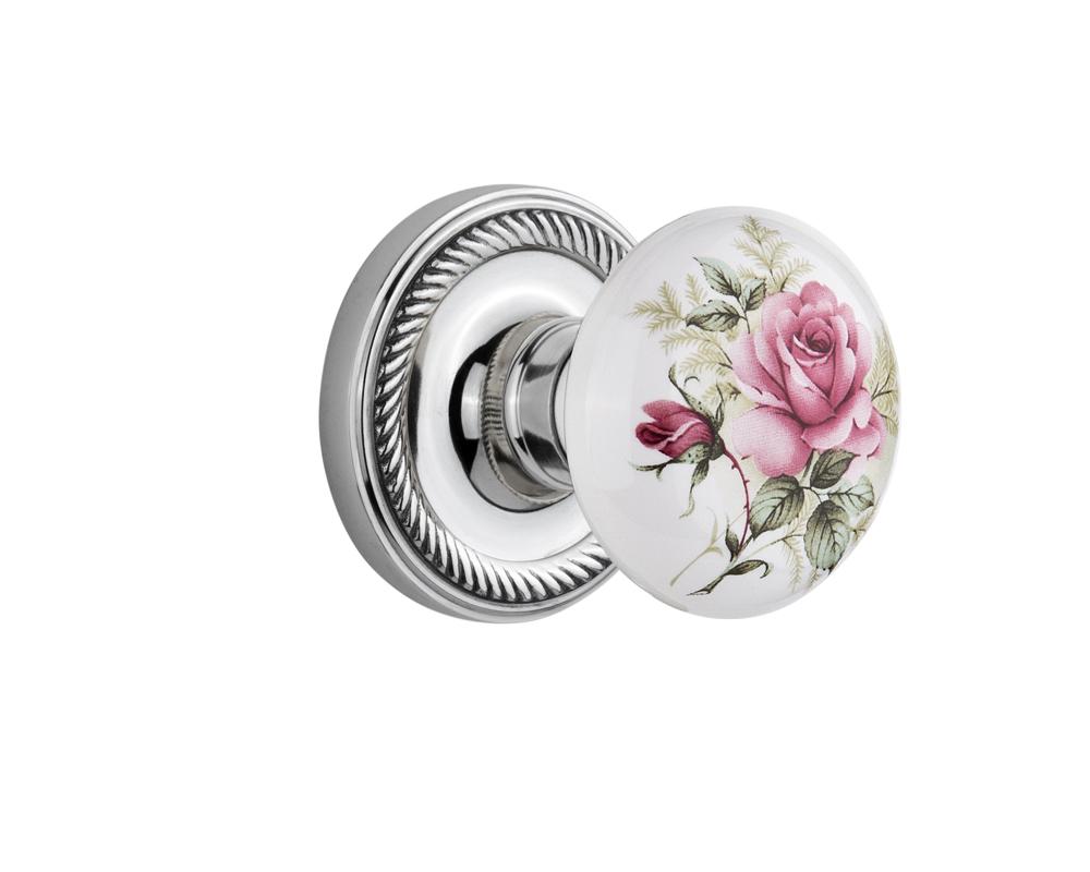 Nostalgic Warehouse Rope Rosette Interior Mortise White Rose Porcelain Door Knob in Bright Chrome