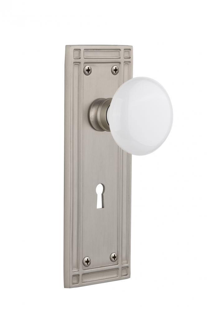 Nostalgic Warehouse Mission Plate with Keyhole Passage White Porcelain Door Knob in Satin Nickel