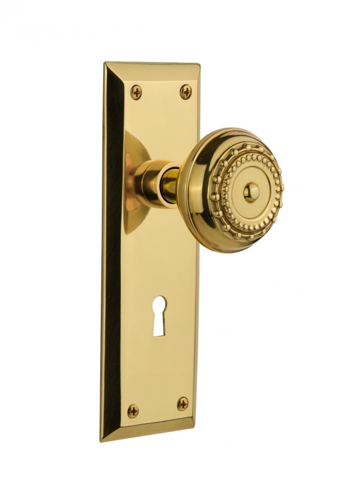 Nostalgic Warehouse New York Plate with Keyhole Passage Meadows Door Knob in Unlacquered Brass