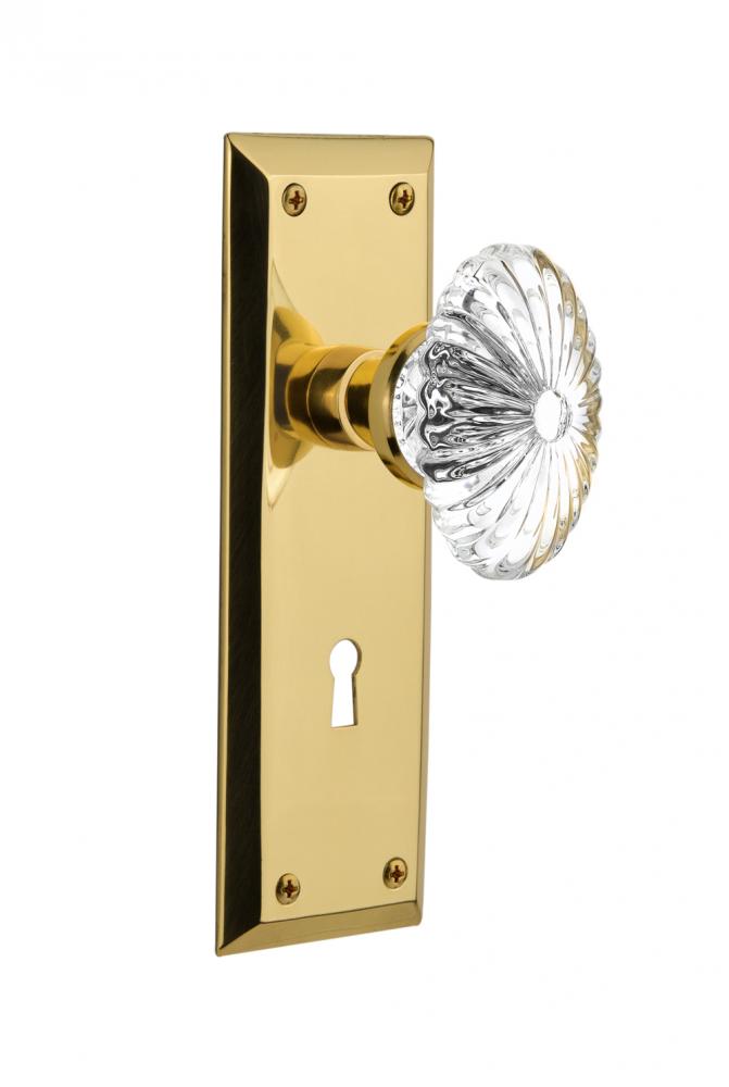 Nostalgic Warehouse New York Plate with Keyhole Passage Oval Fluted Crystal Glass Door Knob in Pol