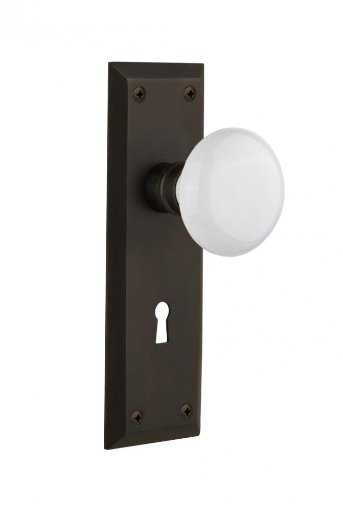 Nostalgic Warehouse New York Plate with Keyhole Passage White Porcelain Door Knob in Oil-Rubbed Br