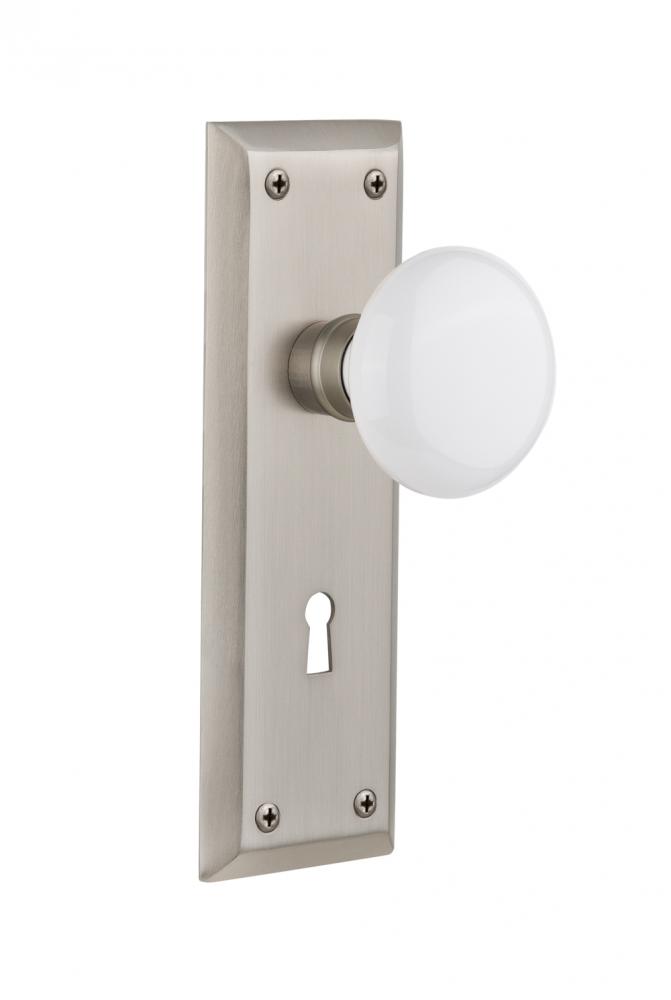 Nostalgic Warehouse New York Plate with Keyhole Passage White Porcelain Door Knob in Satin Nickel