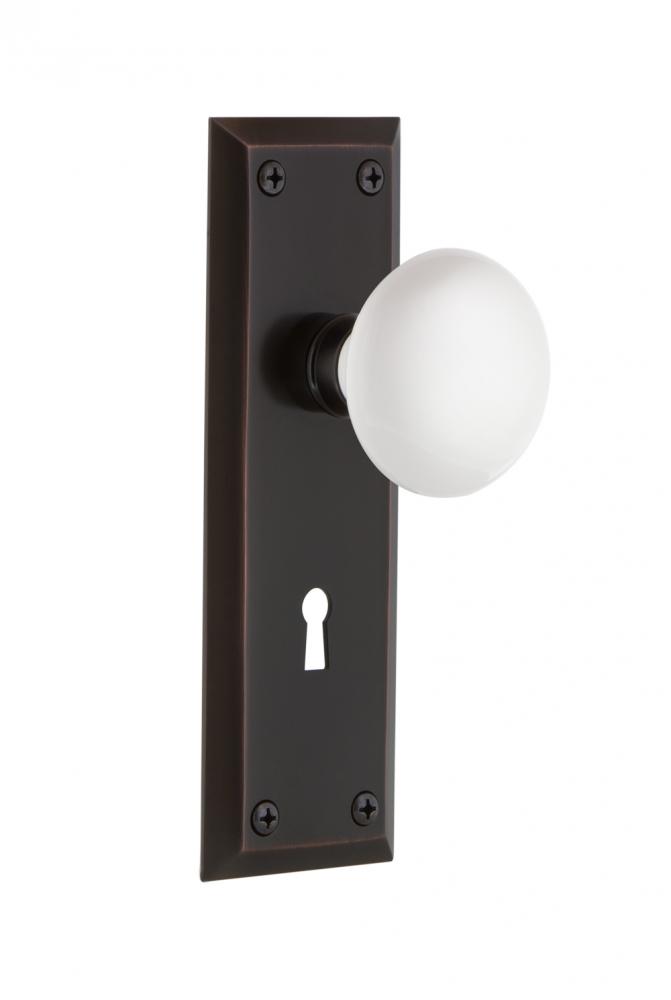Nostalgic Warehouse New York Plate with Keyhole Passage White Porcelain Door Knob in Timeless Bron