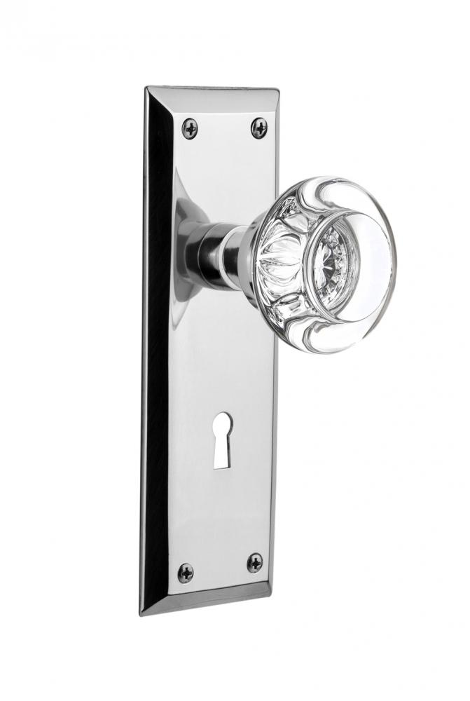 Nostalgic Warehouse New York Plate with Keyhole Passage Round Clear Crystal Glass Door Knob in Bri