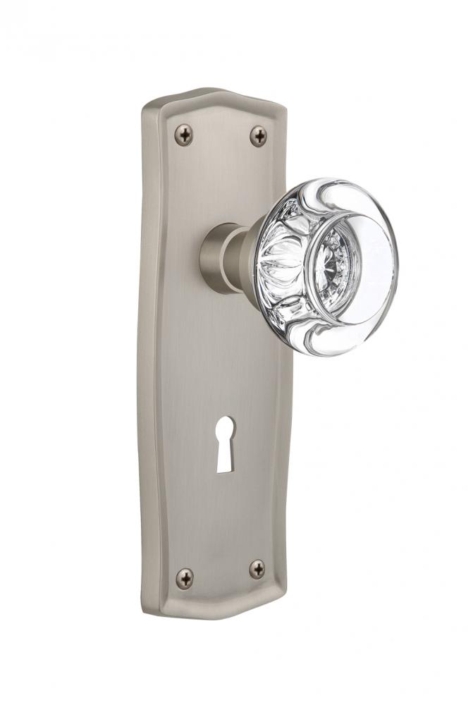 Nostalgic Warehouse Prairie Plate with Keyhole Passage Round Clear Crystal Glass Door Knob in Sati