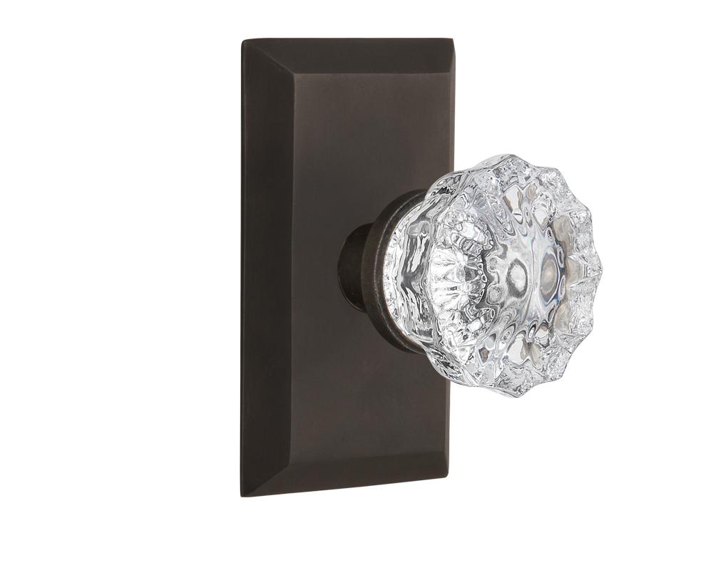 Nostalgic Warehouse Studio Plate Privacy Crystal Glass Door Knob in Oil-Rubbed Bronze