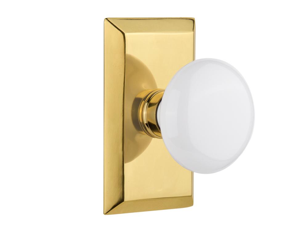 Nostalgic Warehouse Studio Plate Single Dummy White Porcelain Door Knob in Polished Brass
