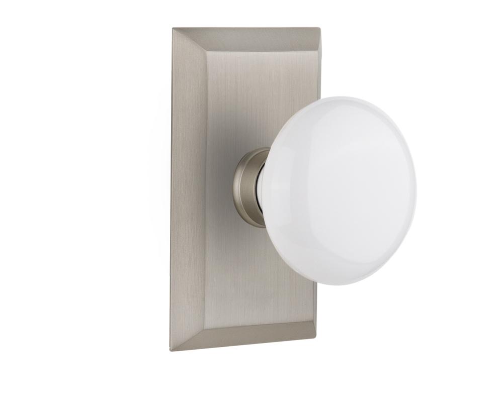 Nostalgic Warehouse Studio Plate Double Dummy White Porcelain Door Knob in Satin Nickel