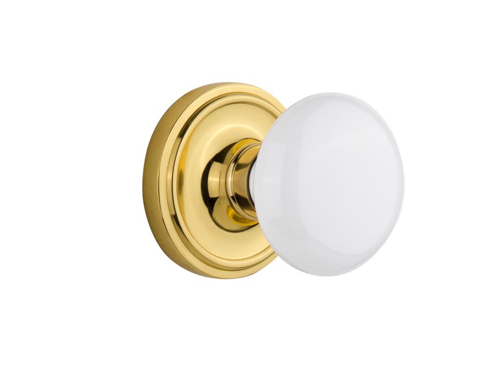 Nostalgic Warehouse Classic Rosette Privacy White Porcelain Door Knob in Polished Brass