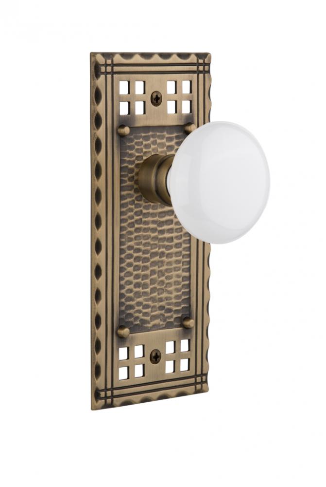 Nostalgic Warehouse Craftsman Plate Privacy White Porcelain Door Knob in Antique Brass