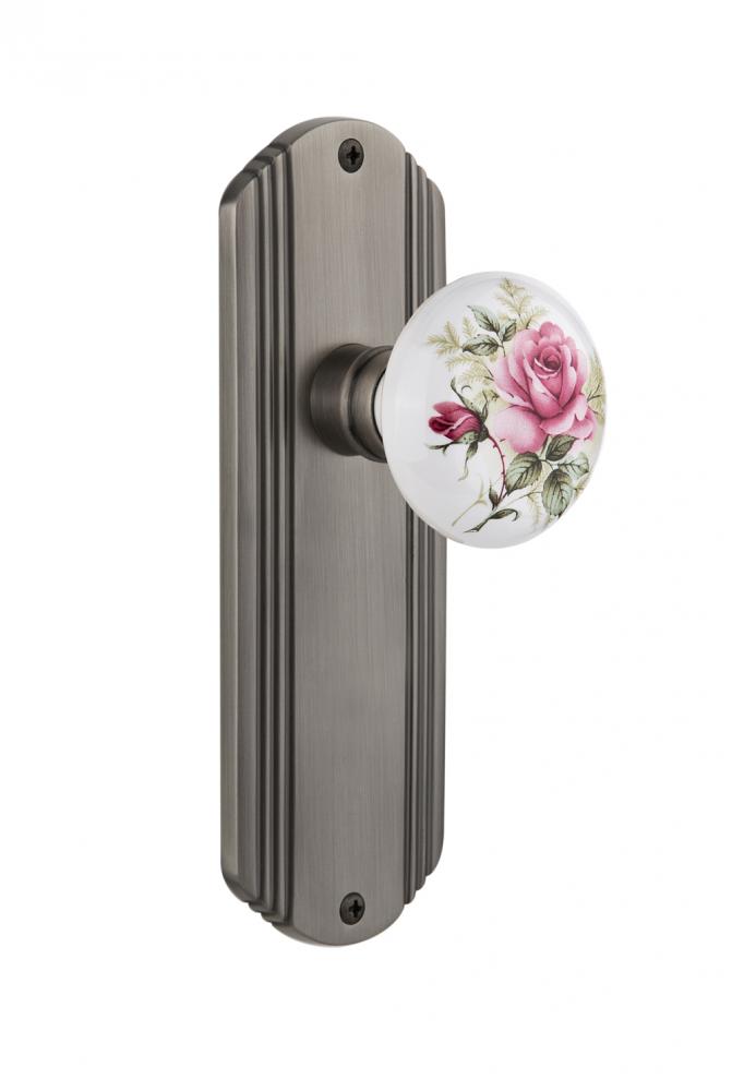 Nostalgic Warehouse Deco Plate Privacy White Rose Porcelain Door Knob in Antique Pewter