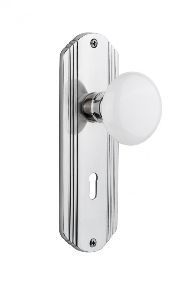 Nostalgic Warehouse Deco Plate Privacy White Porcelain Door Knob in Bright Chrome