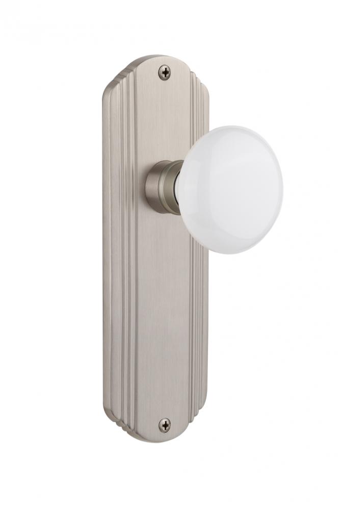 Nostalgic Warehouse Deco Plate Privacy White Porcelain Door Knob in Satin Nickel