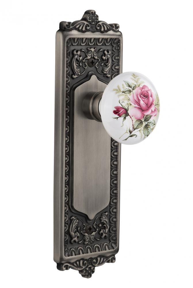 Nostalgic Warehouse Egg & Dart Plate Privacy White Rose Porcelain Door Knob in Antique Pewter