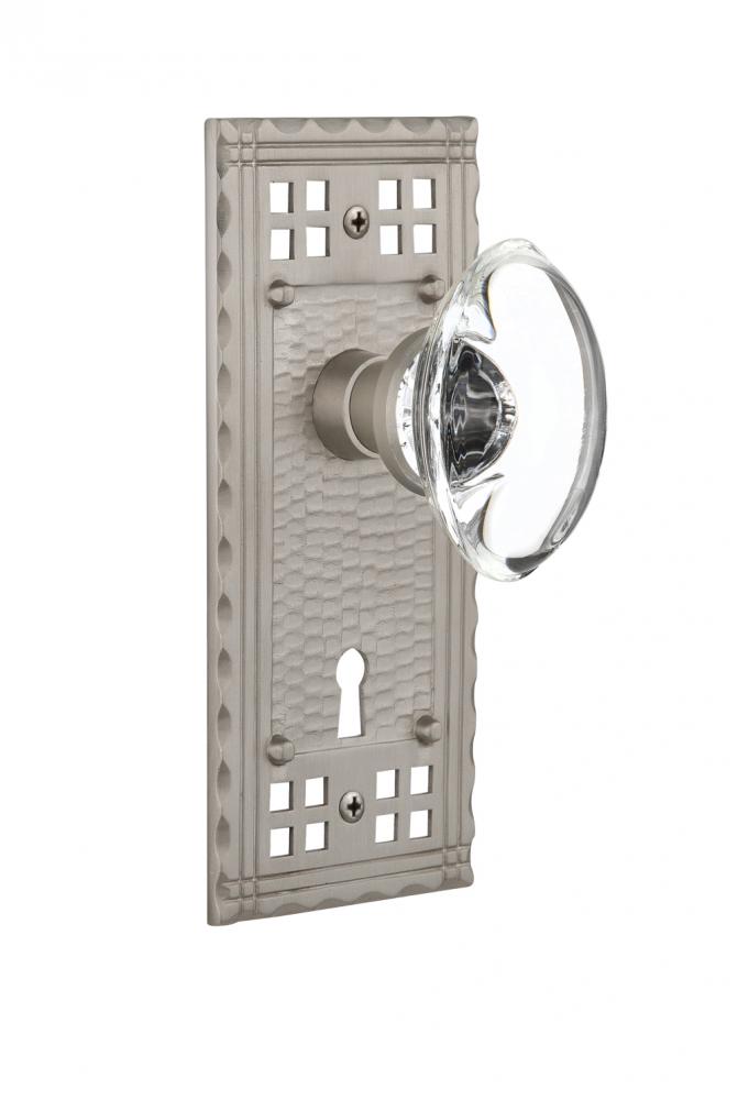 Nostalgic Warehouse Craftsman Plate with Keyhole Passage Oval Clear Crystal Glass Door Knob in Sat