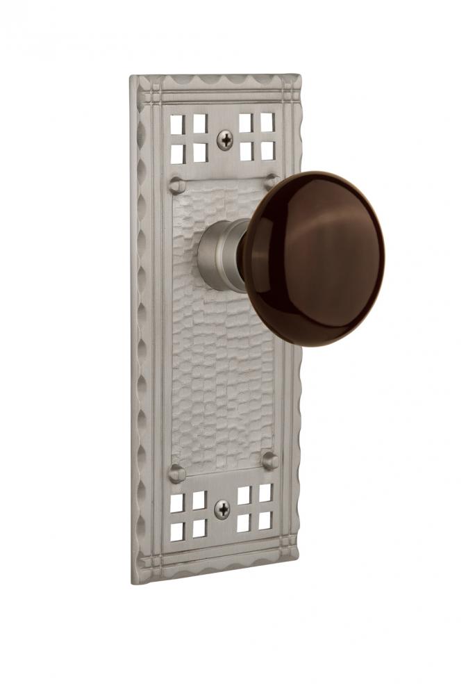Nostalgic Warehouse Craftsman Plate Privacy Brown Porcelain Door Knob in Satin Nickel