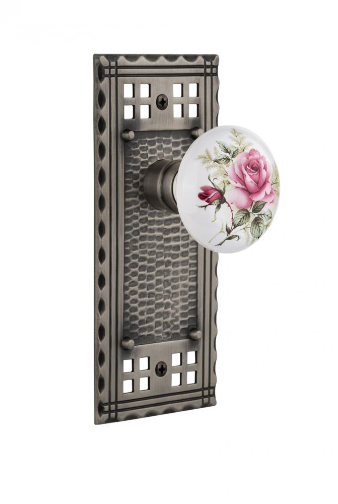 Nostalgic Warehouse Craftsman Plate Privacy White Rose Porcelain Door Knob in Antique Pewter