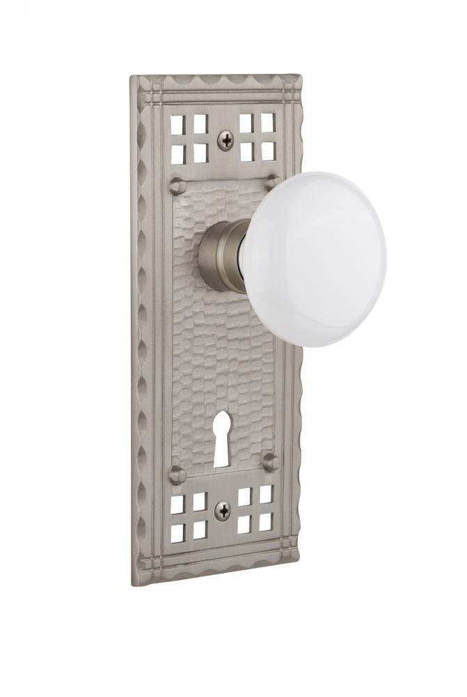 Nostalgic Warehouse Craftsman Plate with Keyhole Privacy White Porcelain Door Knob in Satin Nickel