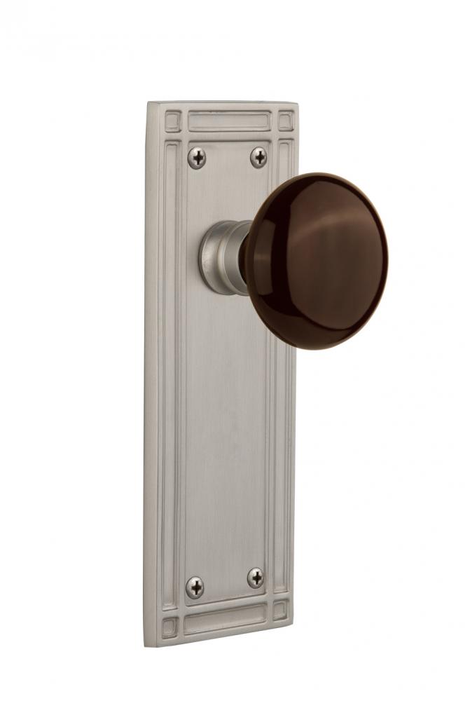 Nostalgic Warehouse Mission Plate Privacy Brown Porcelain Door Knob in Satin Nickel