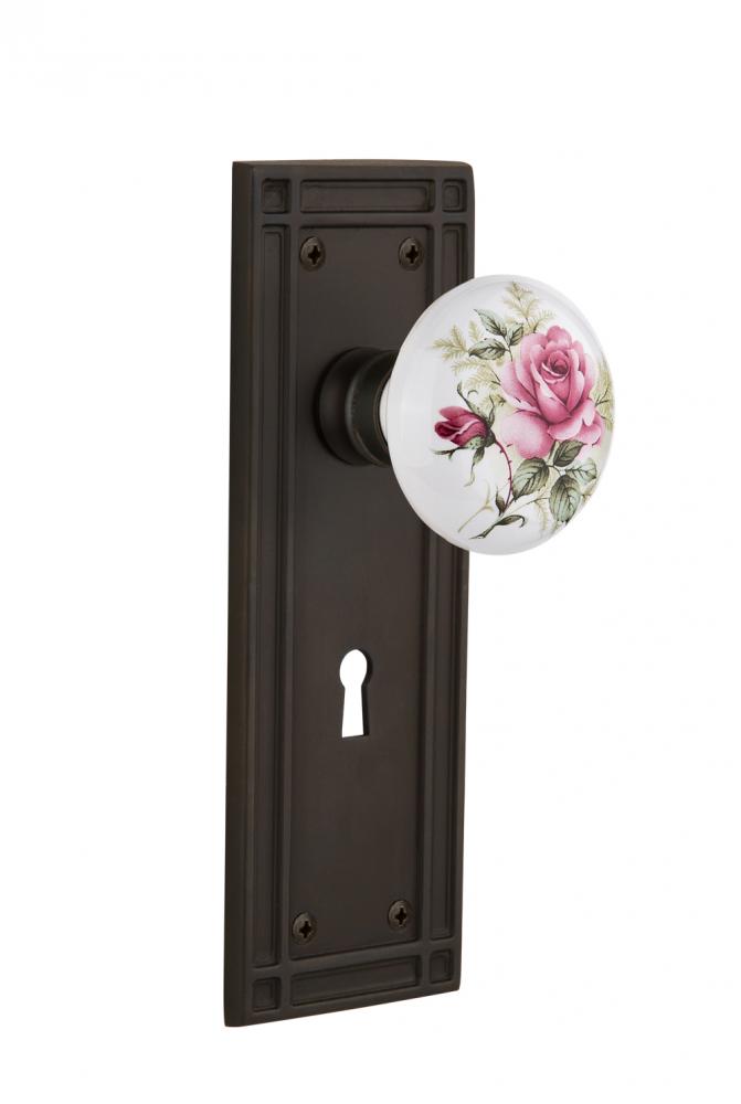 Nostalgic Warehouse Mission Plate with Keyhole Privacy White Rose Porcelain Door Knob in Oil-Rubbe