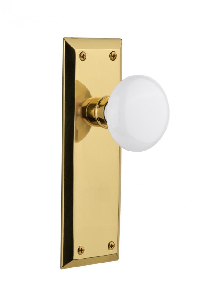 Nostalgic Warehouse New York Plate Privacy White Porcelain Door Knob in Unlacquered Brass