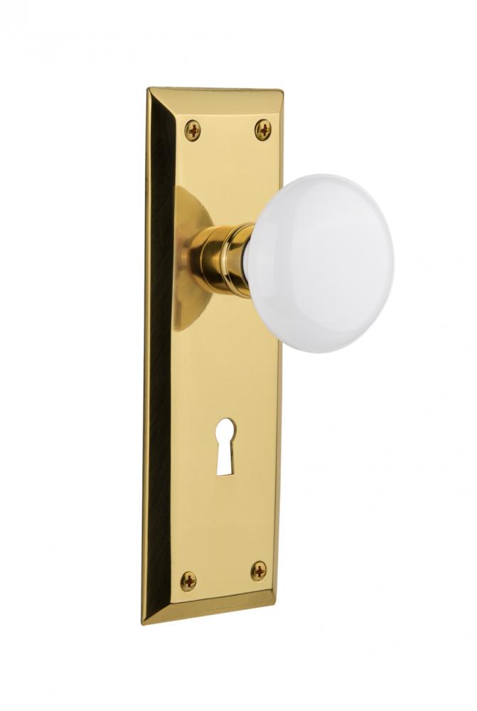 Nostalgic Warehouse New York Plate with Keyhole Privacy White Porcelain Door Knob in Unlacquered B
