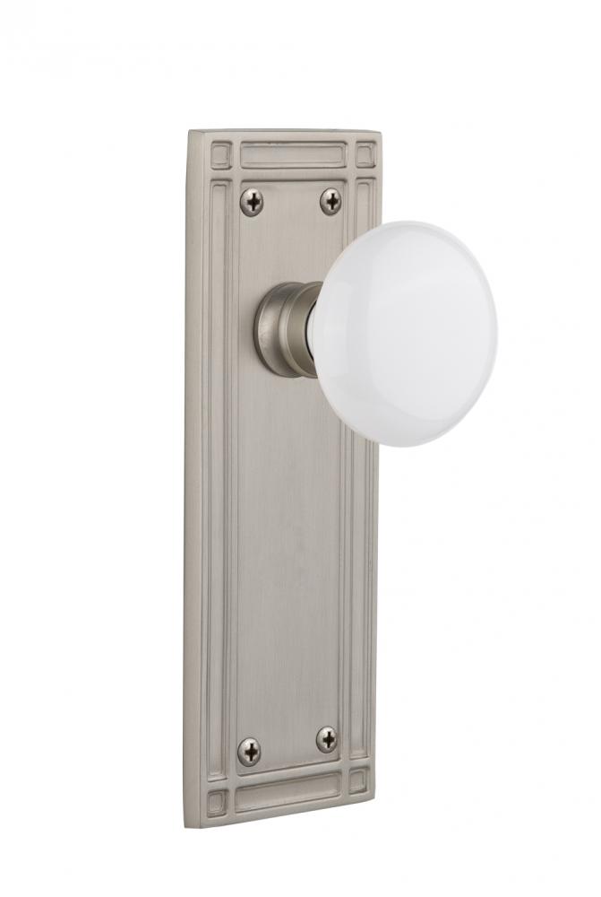 Nostalgic Warehouse Mission Plate Privacy White Porcelain Door Knob in Satin Nickel