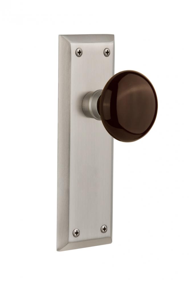 Nostalgic Warehouse New York Plate Privacy Brown Porcelain Door Knob in Satin Nickel