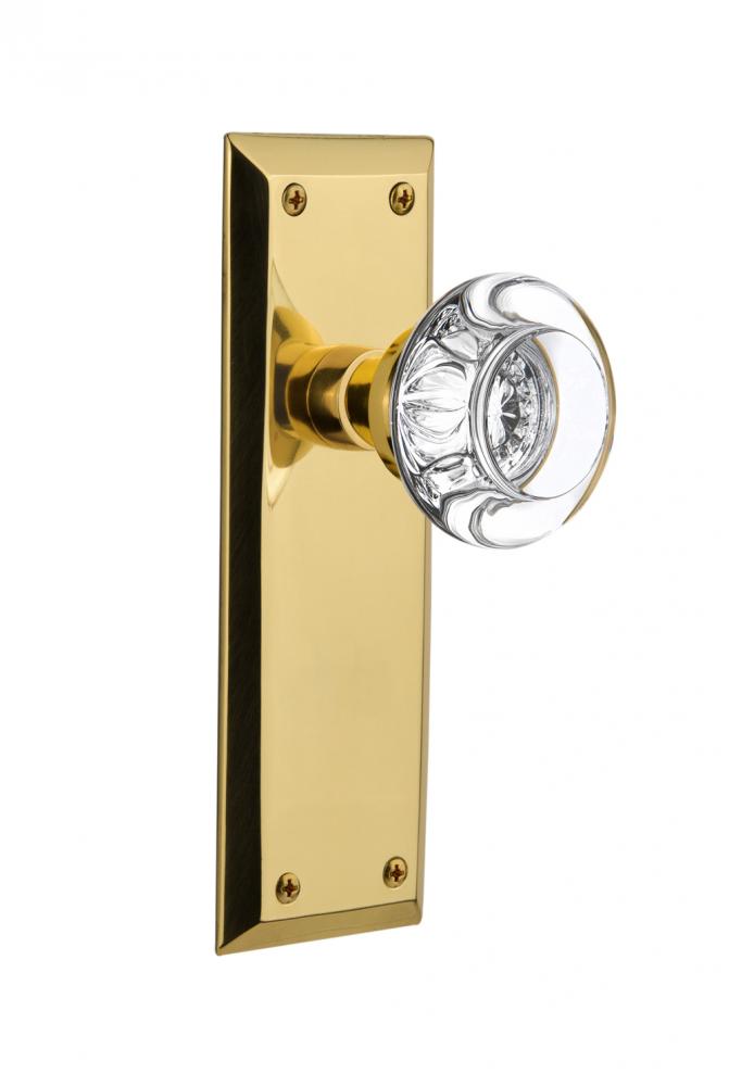 Nostalgic Warehouse New York Plate Privacy Round Clear Crystal Glass Door Knob in Polished Brass