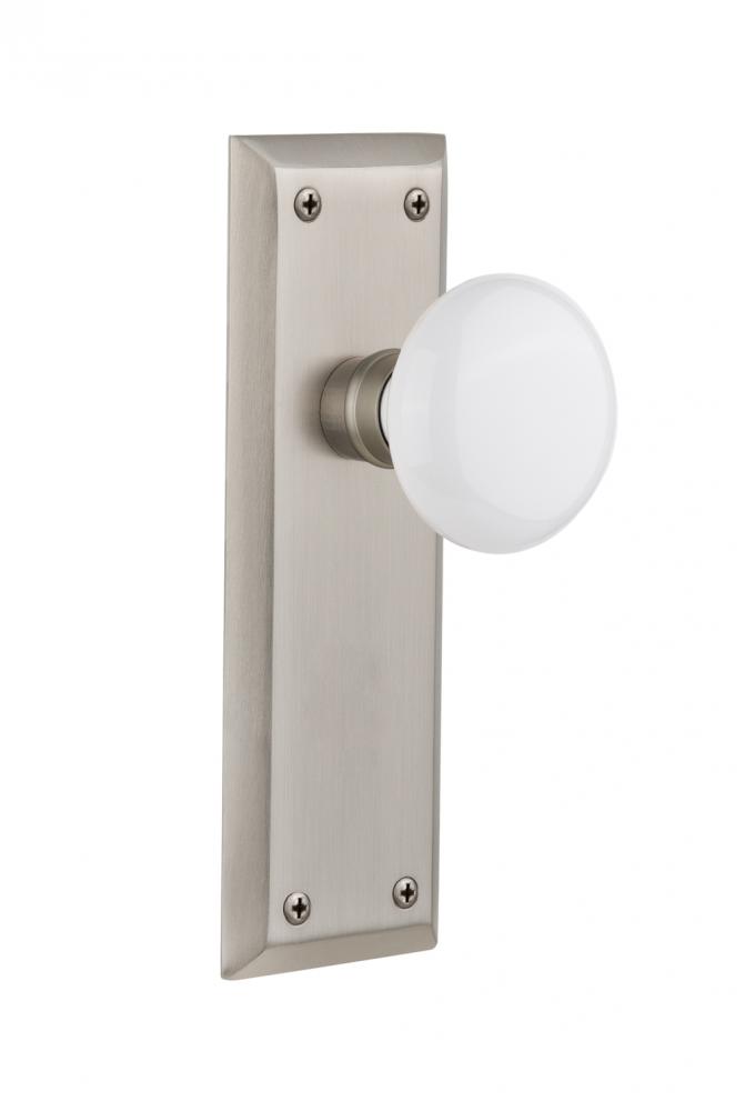Nostalgic Warehouse New York Plate Privacy White Porcelain Door Knob in Satin Nickel