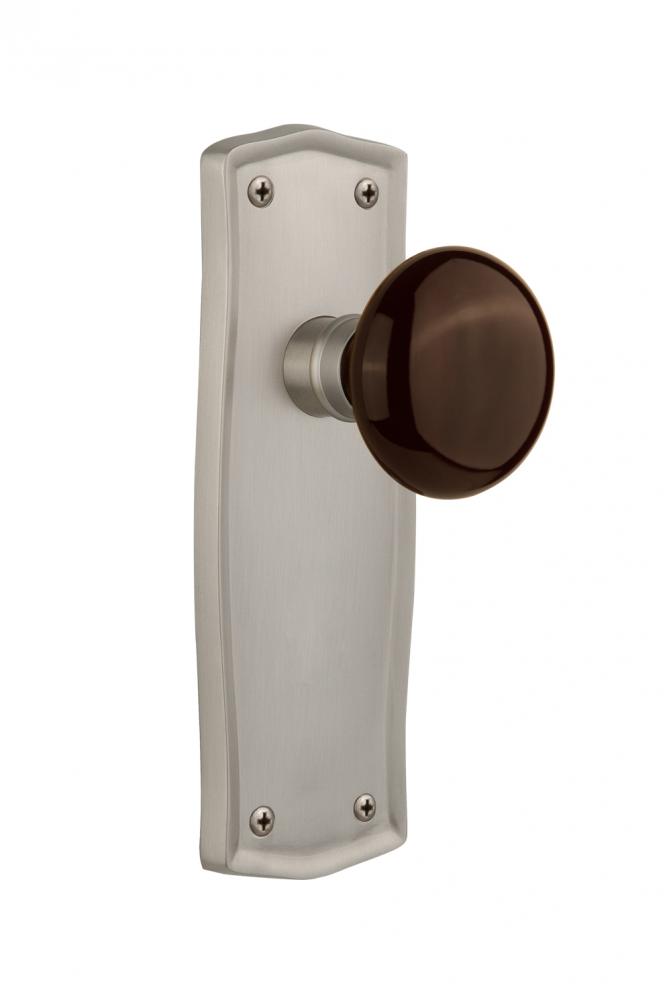 Nostalgic Warehouse Prairie Plate Privacy Brown Porcelain Door Knob in Satin Nickel
