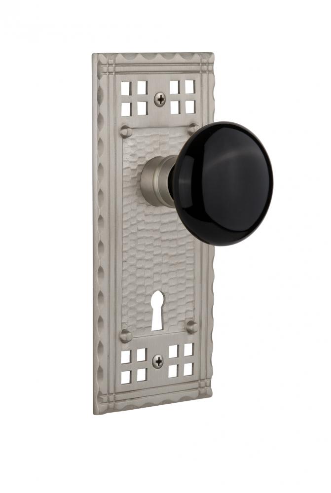 Nostalgic Warehouse Craftsman Plate with Keyhole Privacy Black Porcelain Door Knob in Satin Nickel