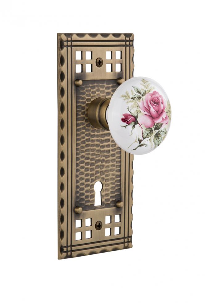 Nostalgic Warehouse Craftsman Plate with Keyhole Privacy White Rose Porcelain Door Knob in Antique