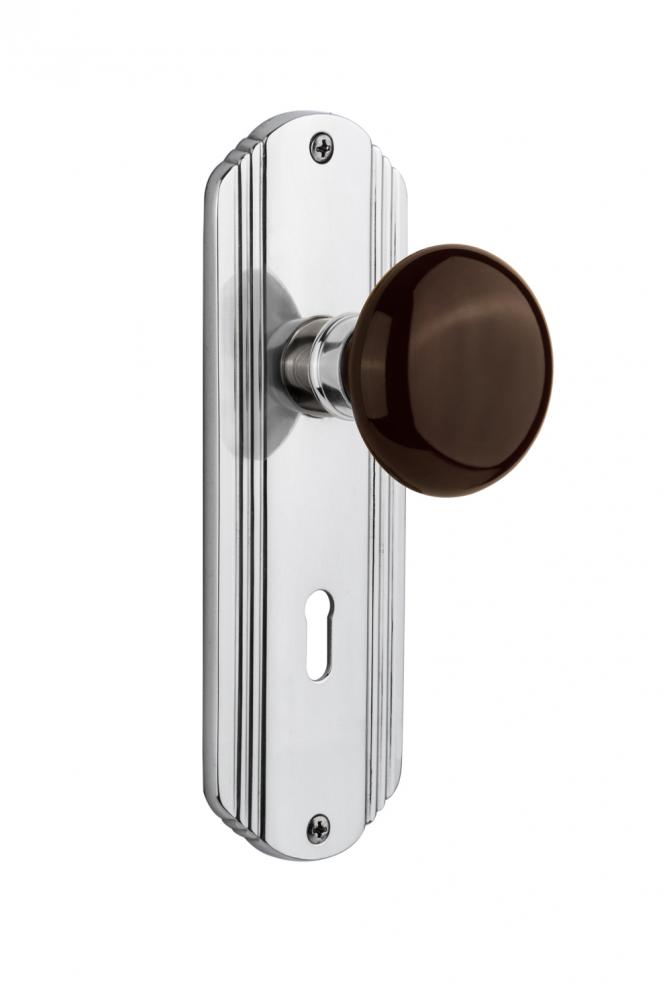 Nostalgic Warehouse Deco Plate with Keyhole Privacy Brown Porcelain Door Knob in Bright Chrome