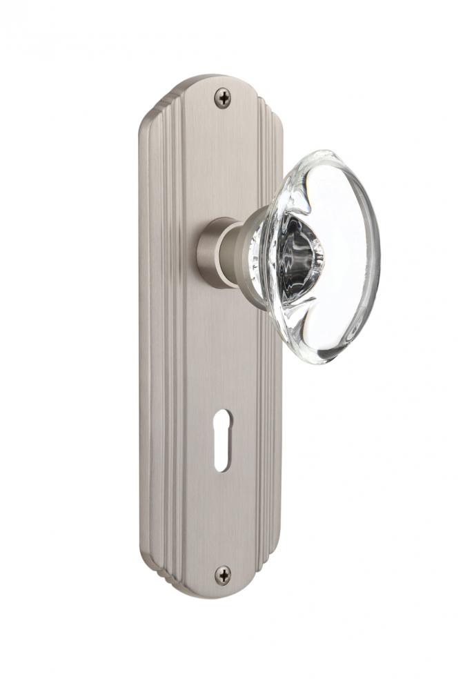 Nostalgic Warehouse Deco Plate with Keyhole Privacy Oval Clear Crystal Glass Door Knob in Satin Ni