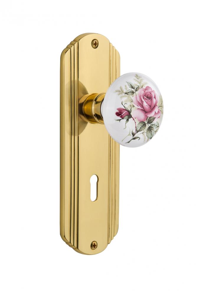 Nostalgic Warehouse Deco Plate with Keyhole Privacy White Rose Porcelain Door Knob in Polished Bra