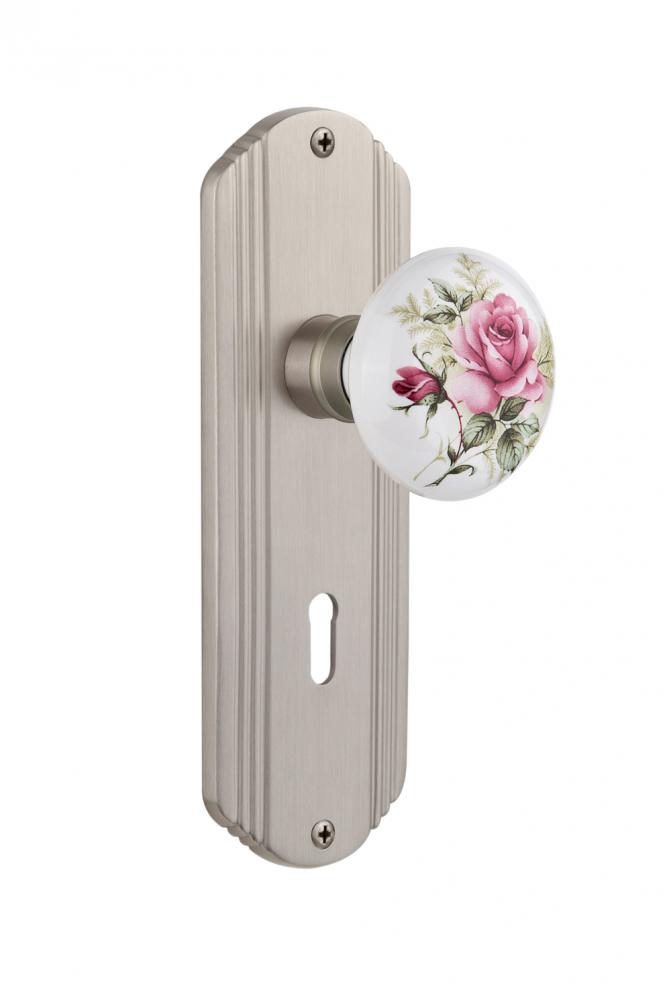 Nostalgic Warehouse Deco Plate with Keyhole Privacy White Rose Porcelain Door Knob in Satin Nickel