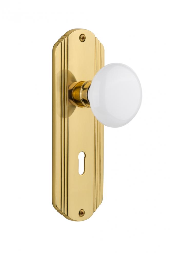 Nostalgic Warehouse Deco Plate with Keyhole Privacy White Porcelain Door Knob in Polished Brass