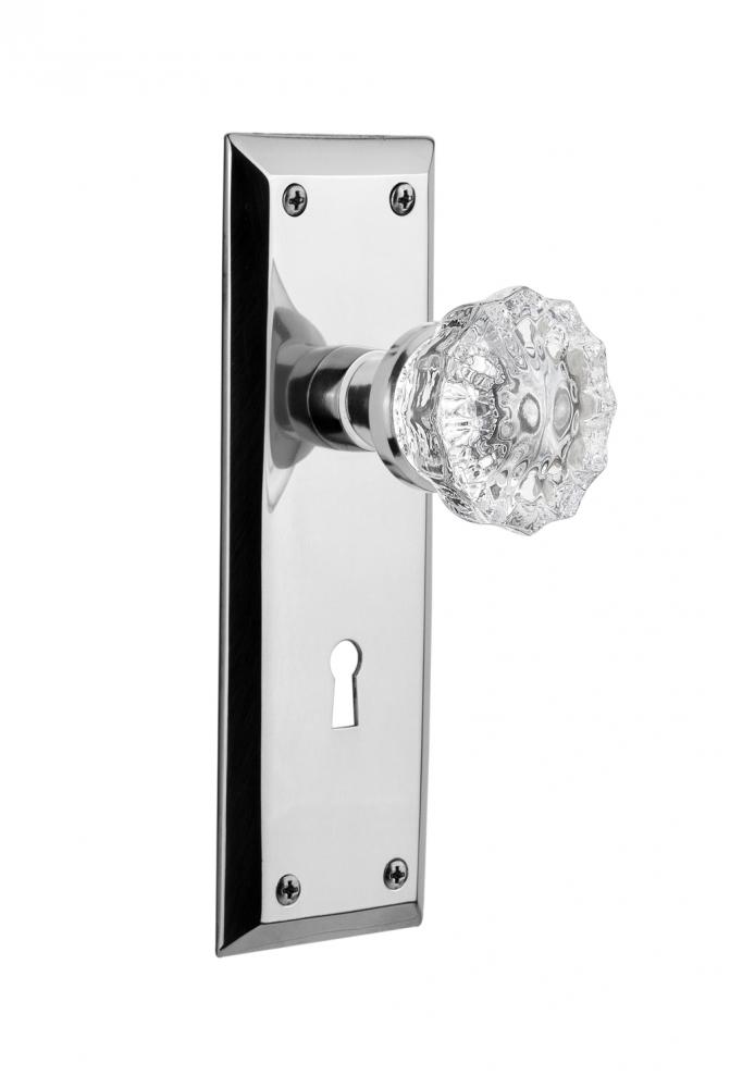 Nostalgic Warehouse New York Plate with Keyhole Privacy Crystal Glass Door Knob in Bright Chrome
