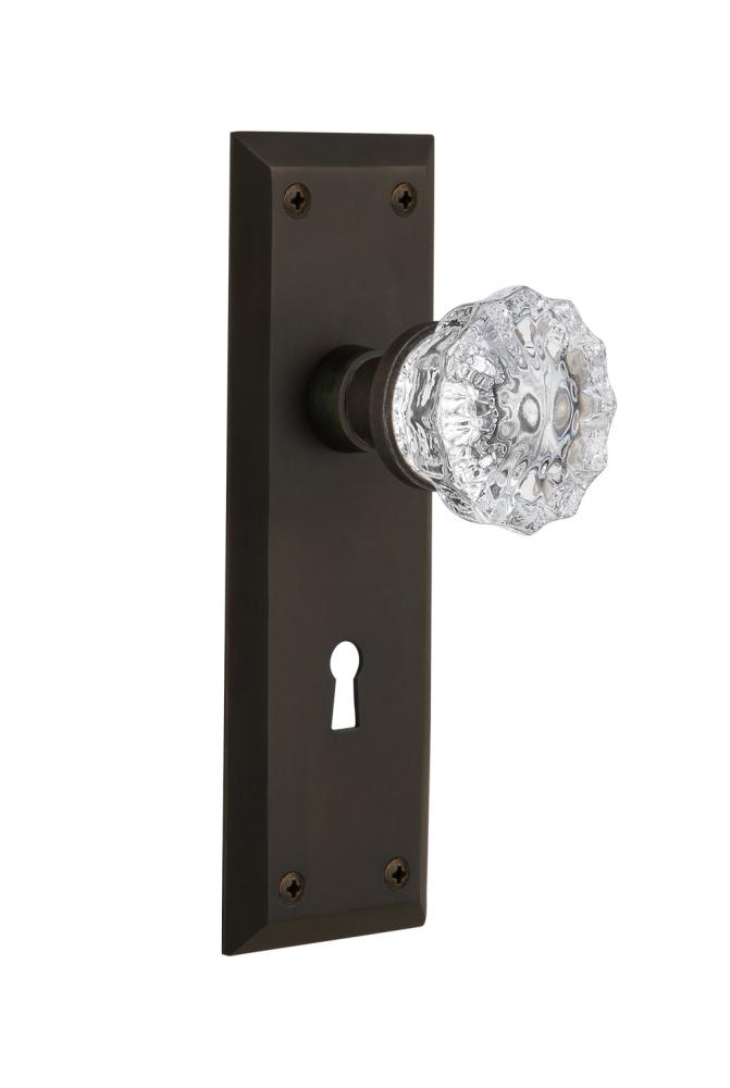Nostalgic Warehouse New York Plate with Keyhole Privacy Crystal Glass Door Knob in Oil-Rubbed Bron