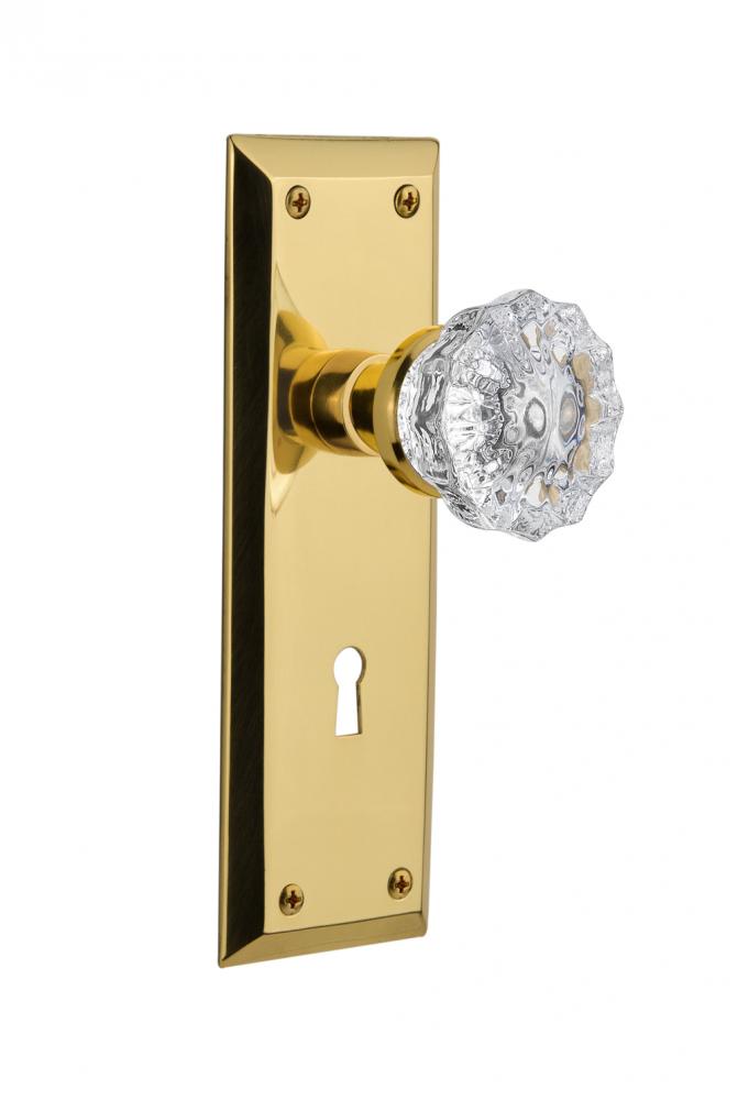 Nostalgic Warehouse New York Plate with Keyhole Privacy Crystal Glass Door Knob in Polished Brass