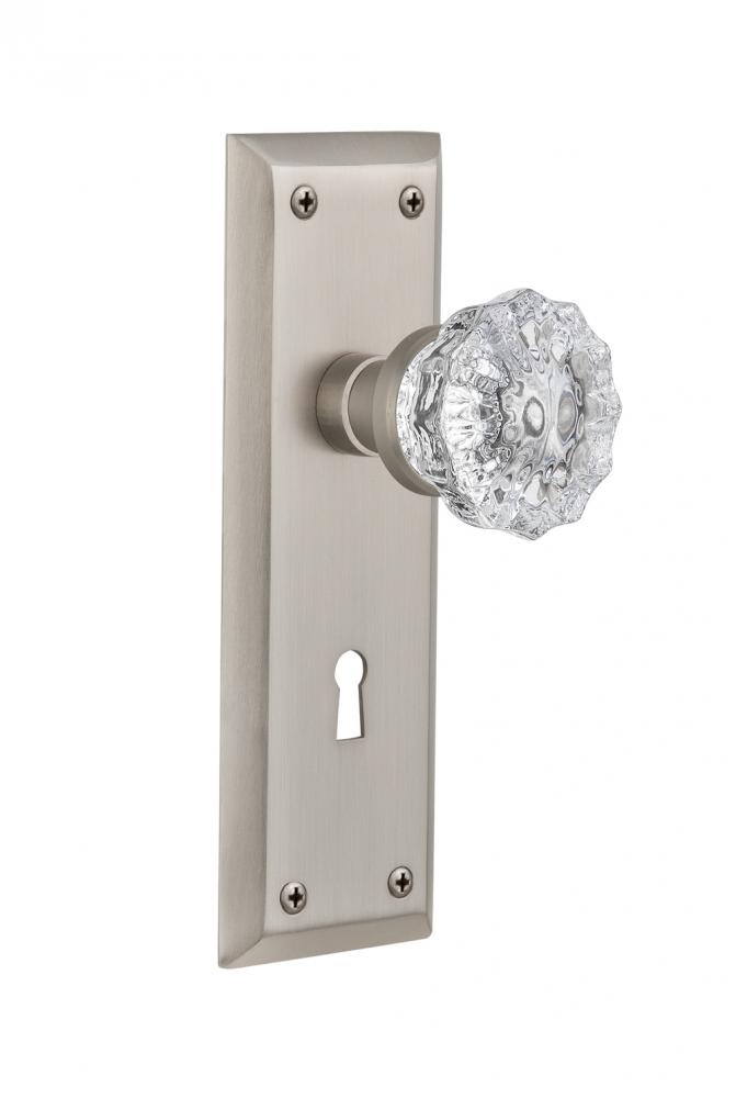 Nostalgic Warehouse New York Plate with Keyhole Privacy Crystal Glass Door Knob in Satin Nickel