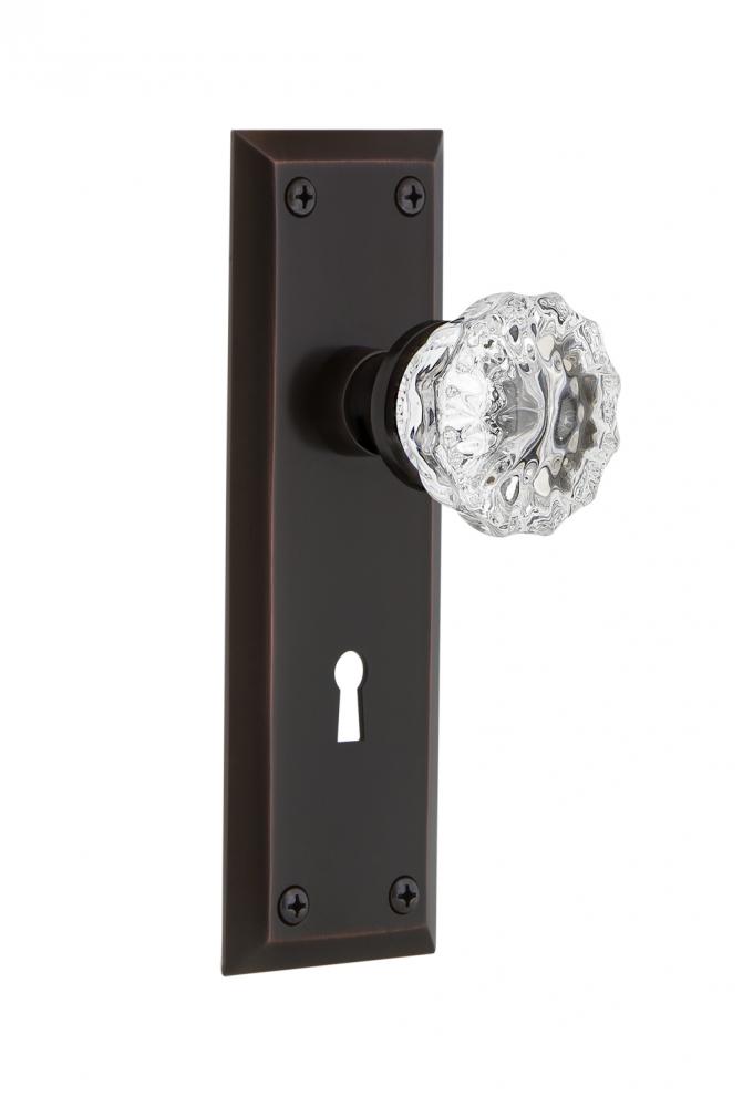 Nostalgic Warehouse New York Plate with Keyhole Privacy Crystal Glass Door Knob in Timeless Bronze