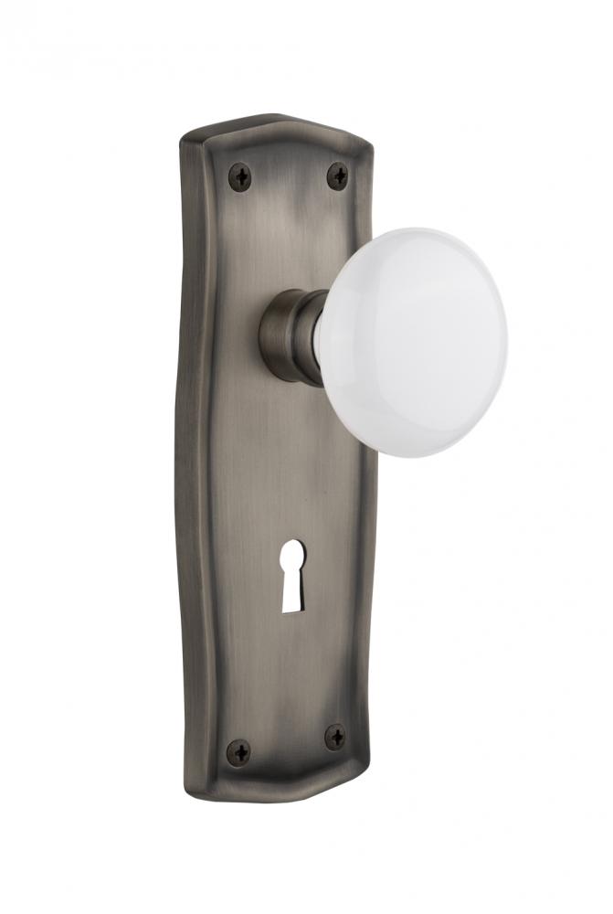 Nostalgic Warehouse Prairie Plate with Keyhole Privacy White Porcelain Door Knob in Antique Pewter