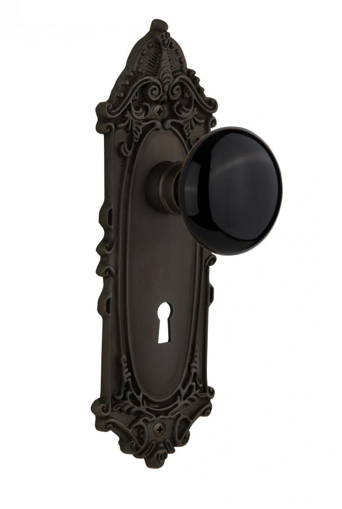 Nostalgic Warehouse Victorian Plate with Keyhole Privacy Black Porcelain Door Knob in Oil-Rubbed B