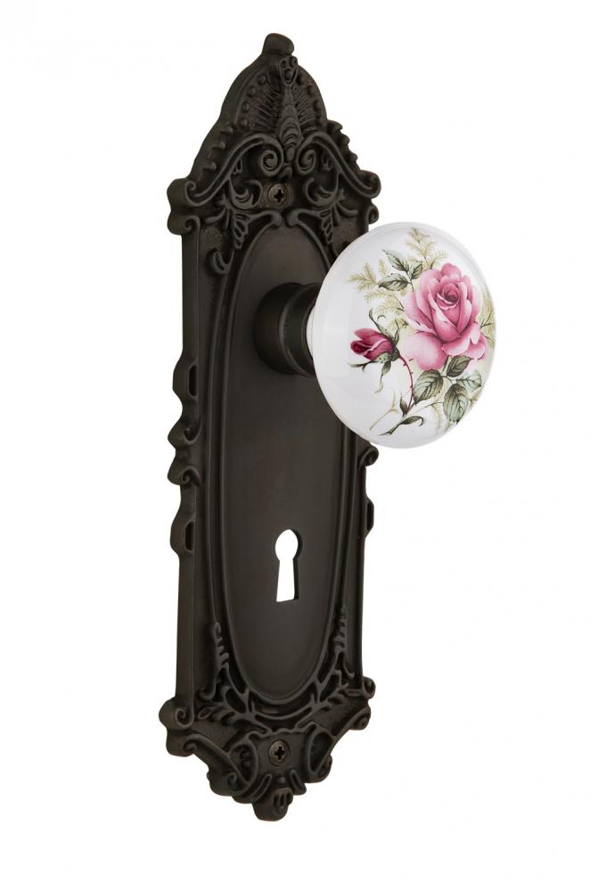 Nostalgic Warehouse Victorian Plate with Keyhole Privacy White Rose Porcelain Door Knob in Oil-Rub