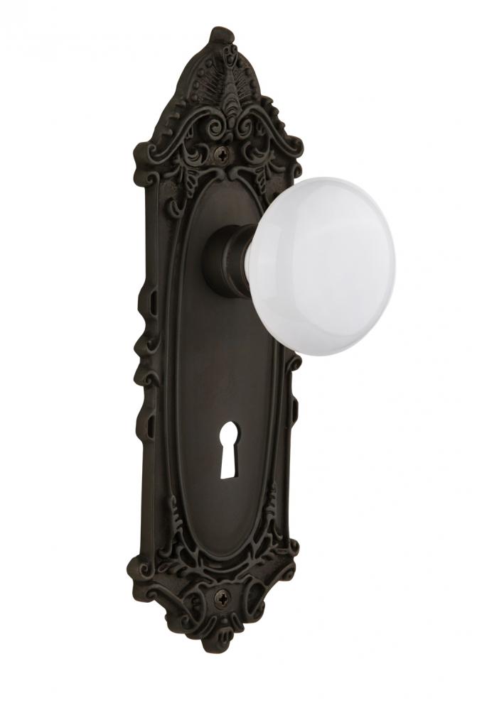 Nostalgic Warehouse Victorian Plate with Keyhole Privacy White Porcelain Door Knob in Oil-Rubbed B