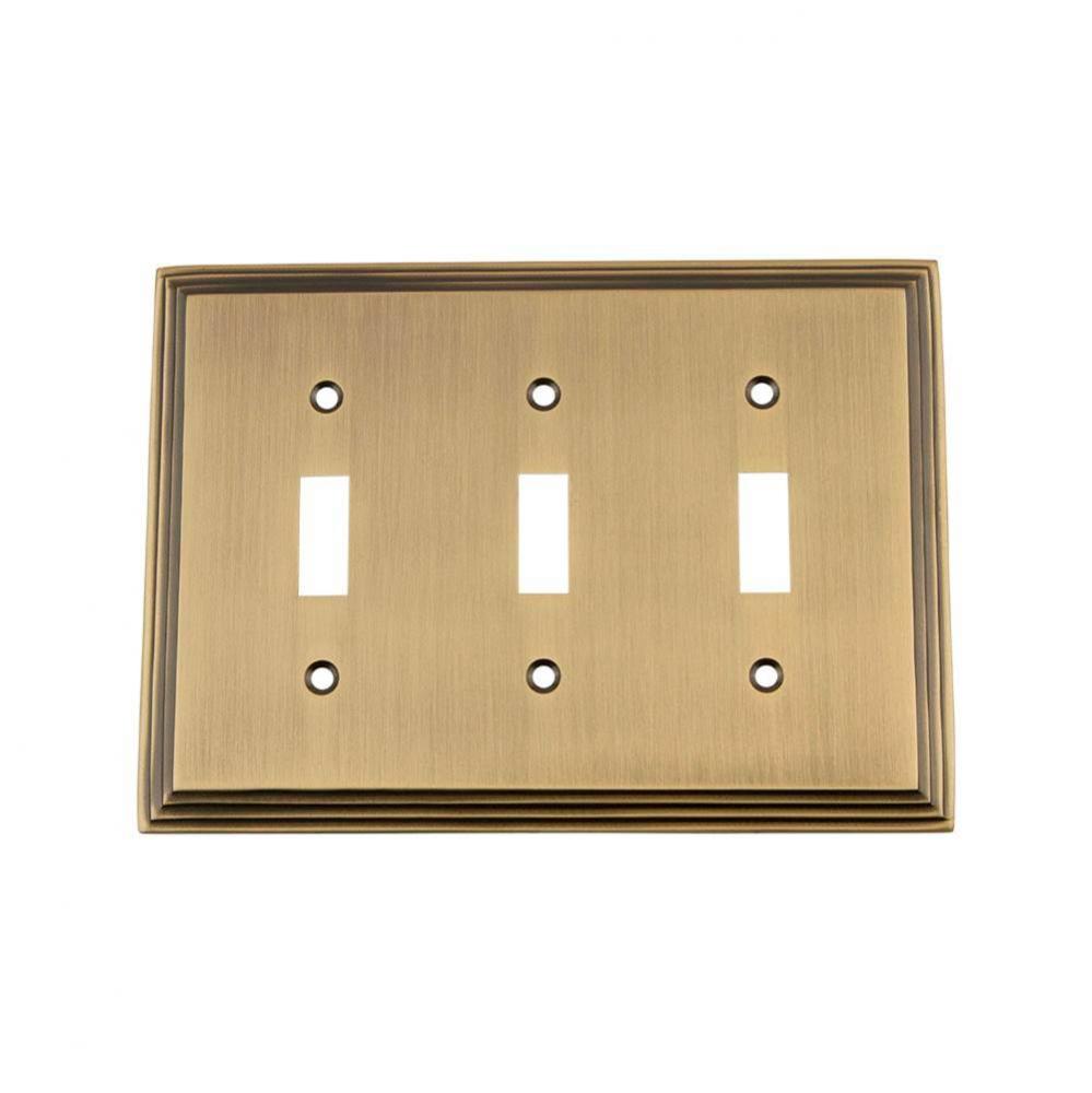 Nostalgic Warehouse Deco Switch Plate with Triple Toggle in Antique Brass