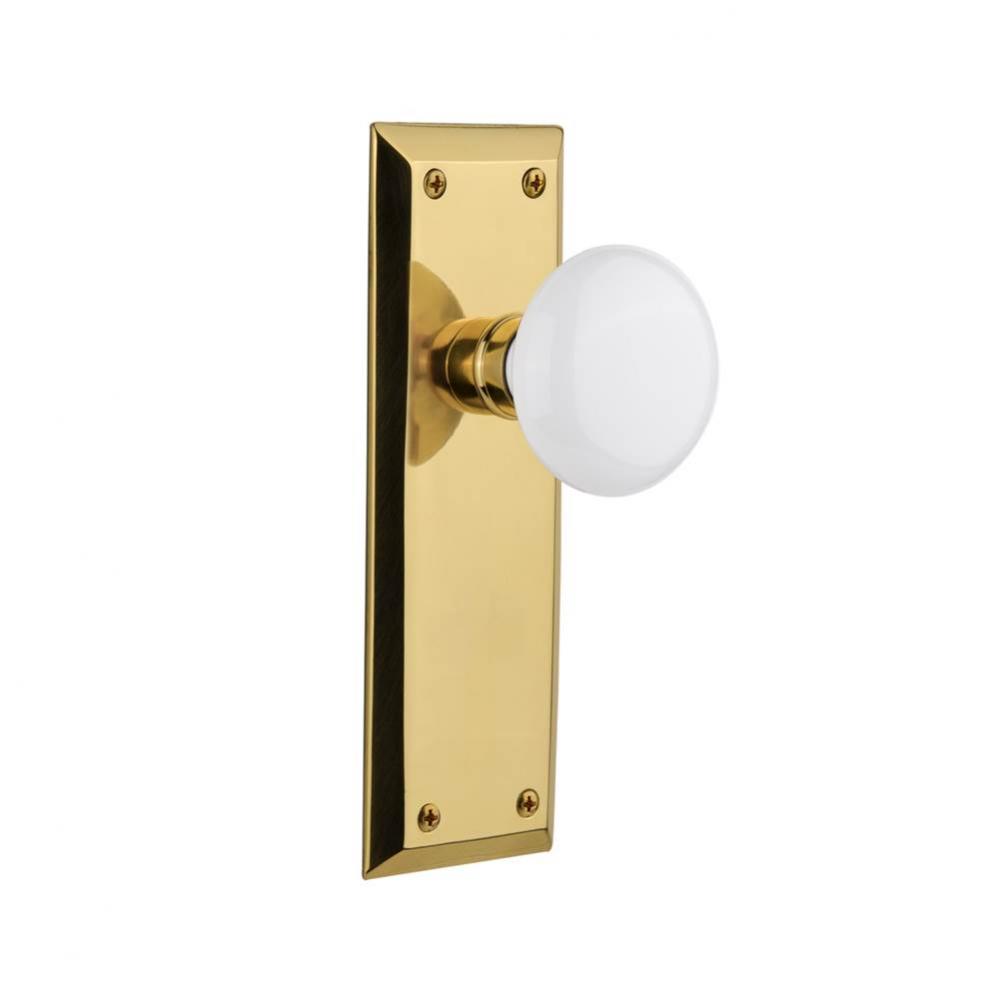 Nostalgic Warehouse New York Plate Passage White Porcelain Door Knob in Polished Brass