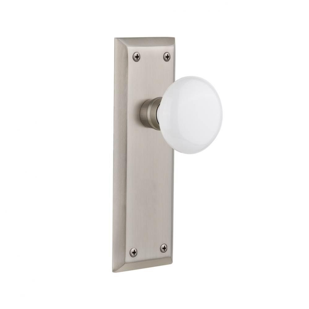 Nostalgic Warehouse New York Plate Passage White Porcelain Door Knob in Satin Nickel